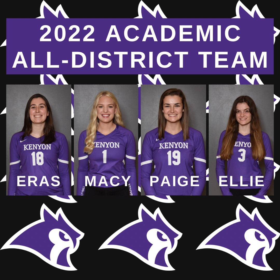 kenyonvb's tweet photo. Congrats to our FOUR team members who were awarded spots on the Academic All-District Team, as selected by the College Sports Communicators (CSC). Our group included seniors Eras Yager, Macy Reimbold, Paige Milhon, and Ellie Luciani! #KCVB #SmartyPants https://t.co/3evEsX0EKk