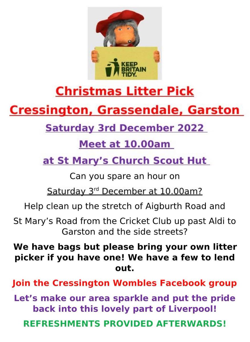 AhmeekJane's tweet photo. LOGO! Cressington Wombles, a new litter picking group, would love a logo! If you would like to design a logo & send it to Founder @petew71uk petew71uk@yahoo.co.uk by 18 Dec, there will be a prize & it will be used to advertise 2023 litter picking dates! THANK YOU! #opentoallages https://t.co/WbnnPwUisY