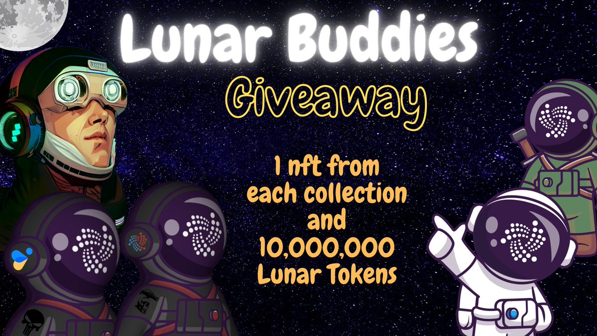 📢NFT GIVEAWAY👀
Will give away 4 Lunar Buddies NFT from
soonaverse.com/space/0x367fe9…
 and 10,000,000 Lunar Tokens to a lucky follower.

*Picking lucky winner 27th November!

1️⃣ Follow:<a href="/LunarBuddies/">Lunar Buddies 🚀🌕🛸✨</a>
2️⃣ Like 
3️⃣ Retweet 

#NFTGiveaway  #NFTs #NFTGiveaways #IOTA #shimmer #NFT #ToTheMoon