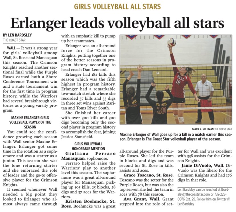 Wall Volleyball (@wallvolleyball) on Twitter photo Congrats to Sr. Maxine Erlanger who was recently named as the Coast Star Girls Volleyball Player of the Season.
Sr. Janie DiVuolo and Soph. Ava Grant recognized on the Honorable Mention List.
<a href="/WallAthletics/">Wall Twp Crimson Knights</a> Congrats to Sr. Maxine Erlanger who was recently named as the Coast Star Girls Volleyball Player of the Season.
Sr. Janie DiVuolo and Soph. Ava Grant recognized on the Honorable Mention List.
<a href="/WallAthletics/">Wall Twp Crimson Knights</a>
