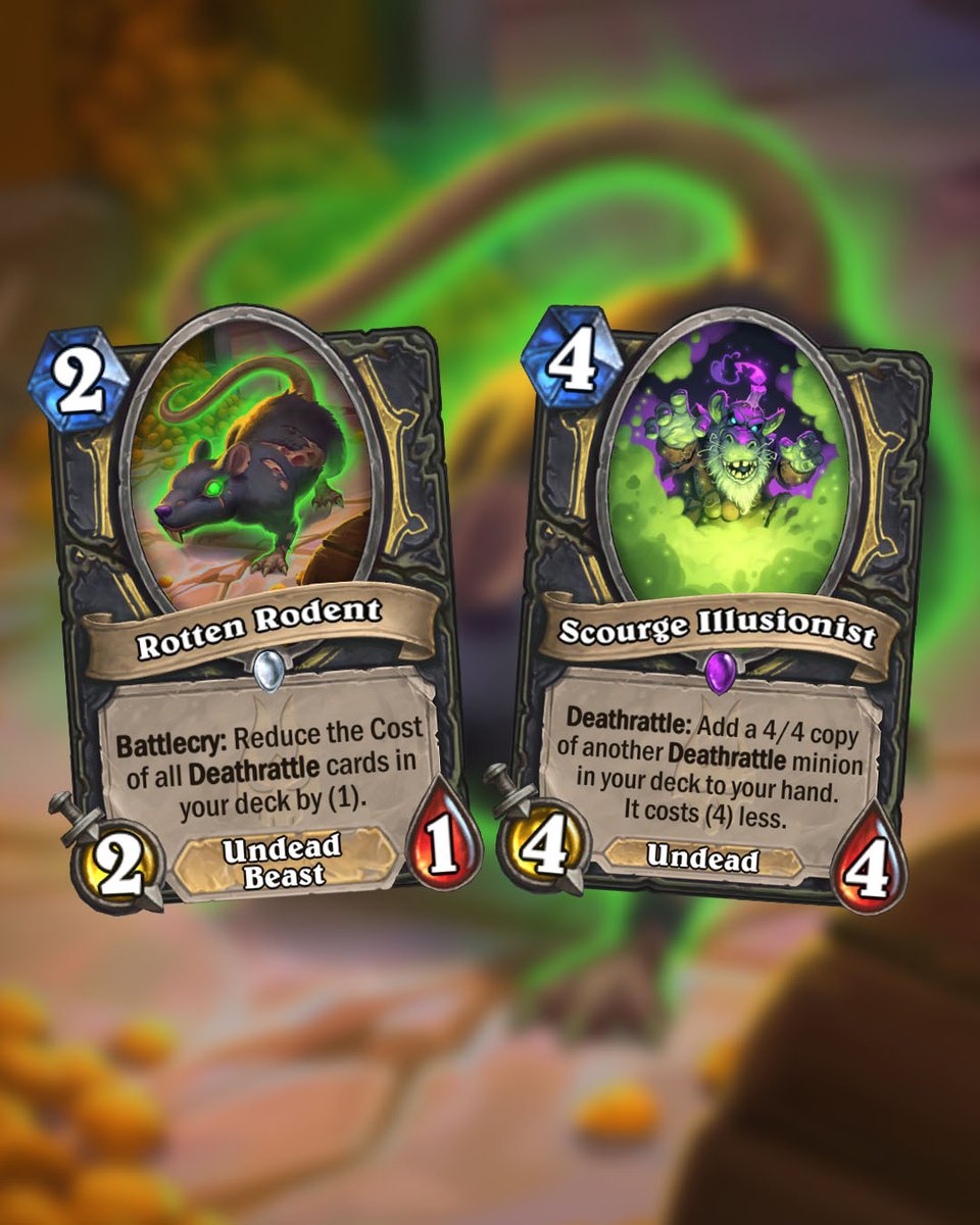 Celestalon's tweet photo. (1/2) March of the Lich King will be the last set before the Deathrattle Rogue cards from Year of the Gryphon rotate out of Standard, and we wanted to give them one last boost.
#BehindTheCards https://t.co/QJQBeGmbZr