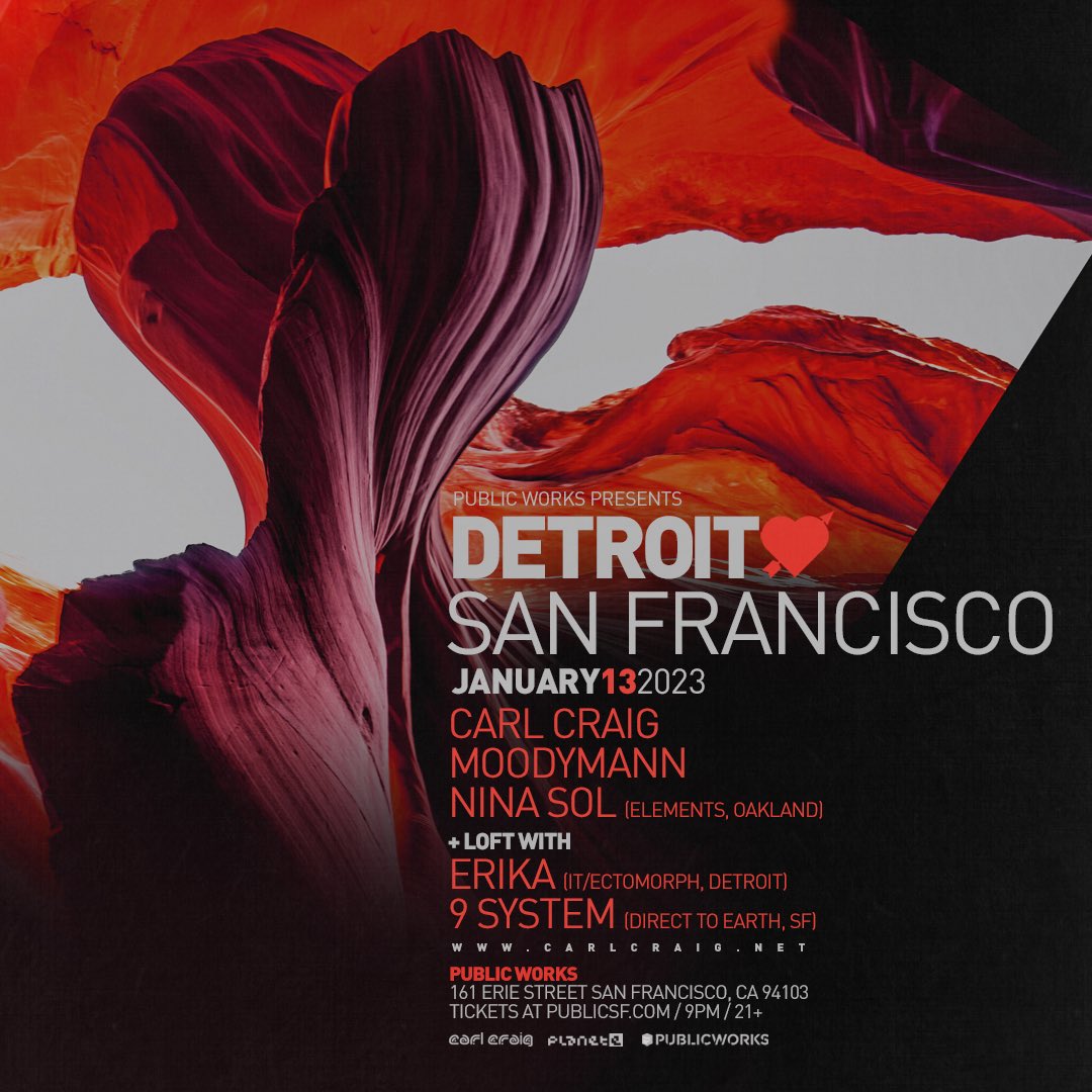 🚨 JUST ANNOUNCED 🚨 Detroit Love - San Francisco - takes over the controls on Friday 1/13 featuring <a href="/carlcraignet/">RIDE OR DIE</a>, <a href="/Moodymann313/">Moodymann</a>, <a href="/djninasol/">nina sol</a>, <a href="/schnitzelmeow/">erika</a> and 9 System. Buckle up. Tickets on sale now ▶️ detroitlove-pw23.eventbrite.com