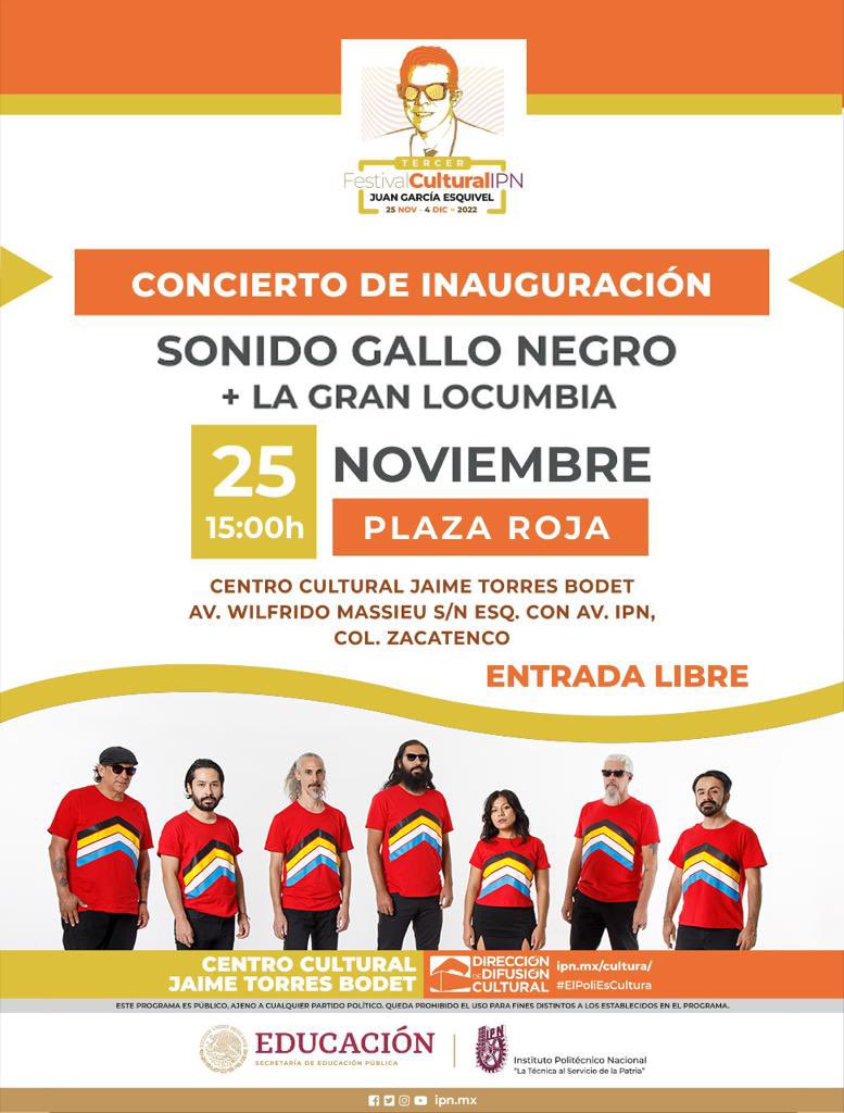 🚀NUEVA FECHA CDMX🚀 
Nos vemos este viernes 25 para la inauguración del  #FestivalCultural IPN Juan García Esquivel!! 🖤💛❤️💙

📍Explanada del Centro Cultural Jaime Torres Bodet

Inicio: 3 pm 
SGN show: 4:10pm 

Entrada libre 👽