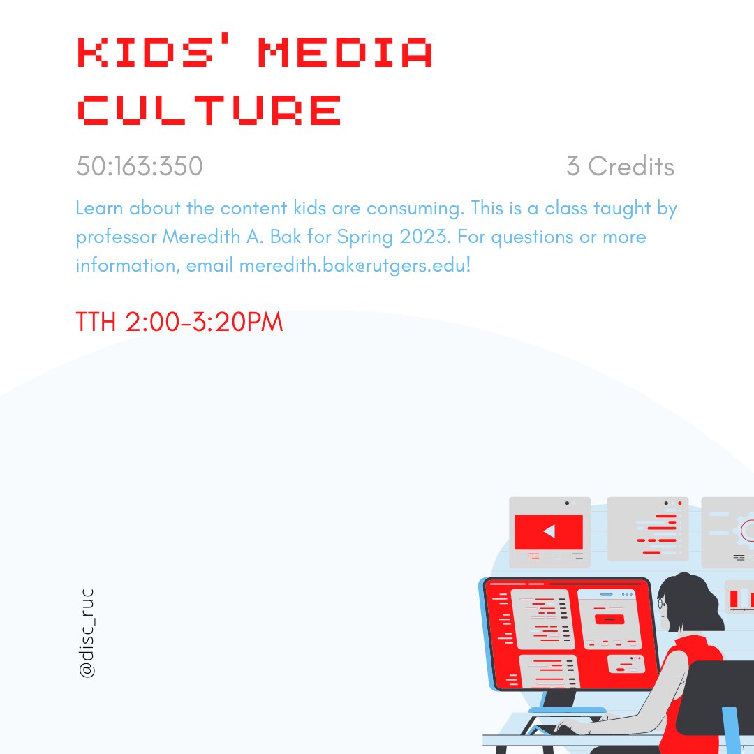 The Digital Studies Course Offerings for Spring 2023 is now live!

Check out the newest course that counts for both digital studies and childhood studies!

For more information on our major/minor, check out or website linked in the bio.

#rutgers #rutgerscamden #ruc