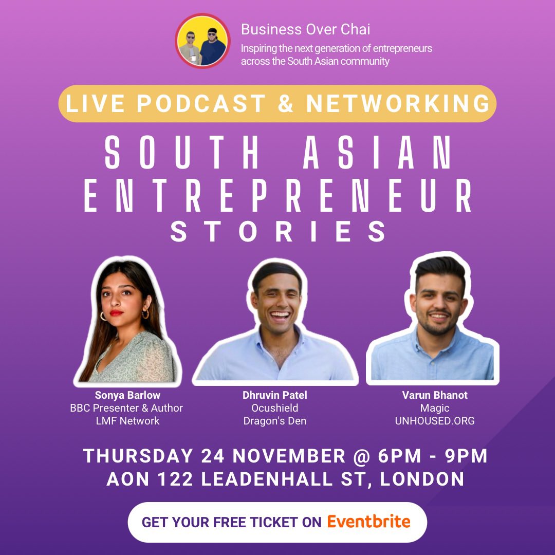 Super excited to hear from <a href="/sonyabarlowuk/">Sonya Barlow - Tech, Travel & Talk</a> <a href="/varunbhanot/">Varun Bhanot</a> and <a href="/Dhruvin_M/">Dhruvin Patel</a> at our first ever live podcast event which has sold out!

#founderstories #entrepreneur #londonevents