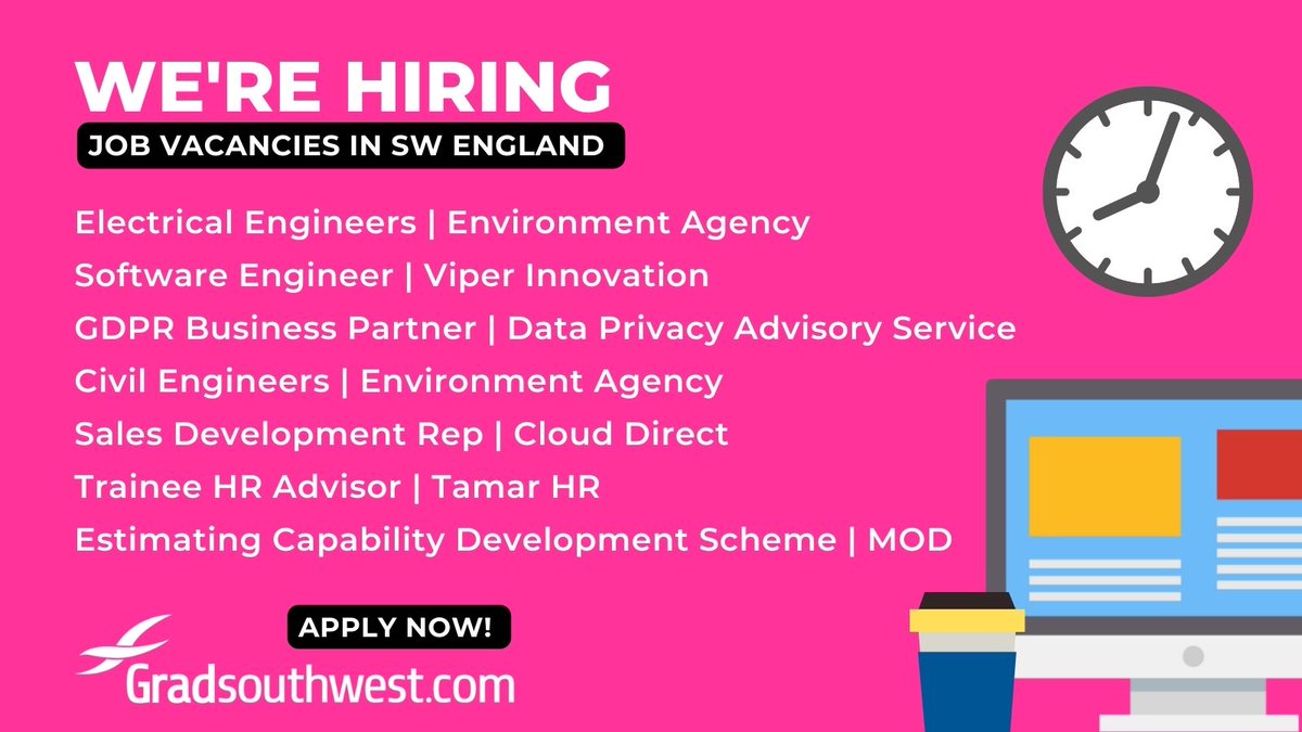 🚨Lots of exciting new vacancies in this week.
👉 Take a closer look & apply at Gradsouthwest.com

#graduatejobs #vacancies #electricalengineers #softwareengineer #GDPR #Civilengineering #hrjobs #salesjobs #civilservicejobs