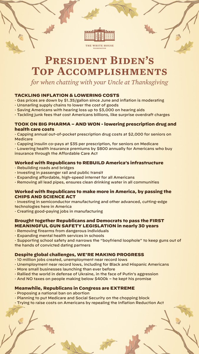 PressSec46's tweet image. It’s hard to quit talking politics cold turkey — even at Thanksgiving. Talk to your family from across the aisle, and across your dinner table, with this cheat sheet.