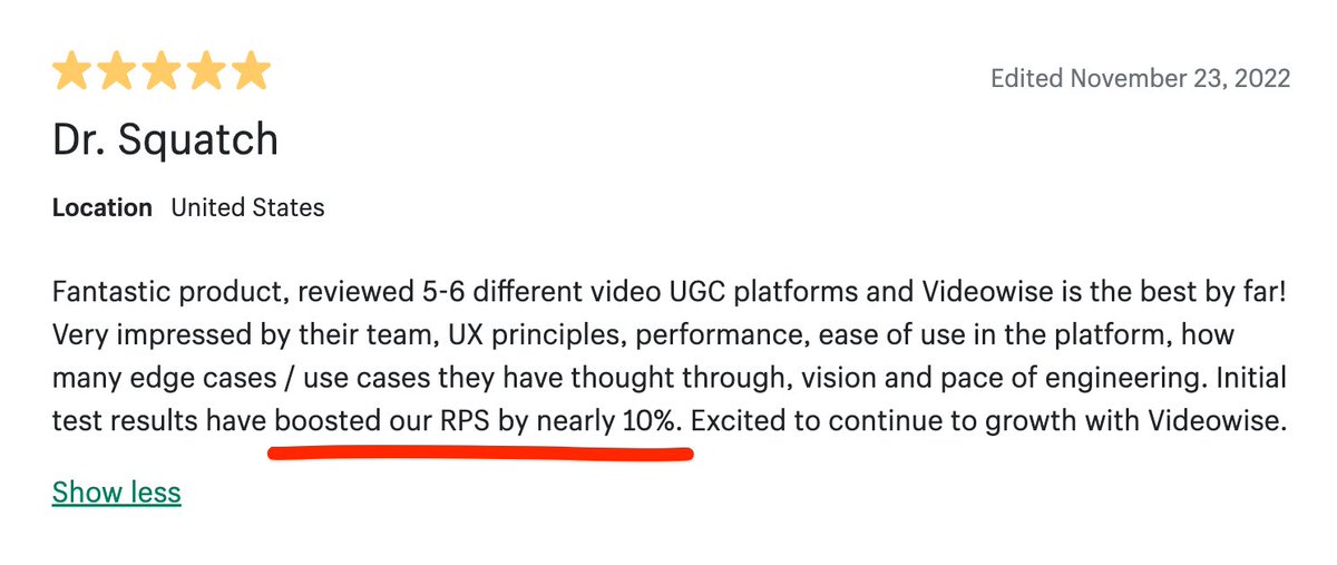 🔥🔥 We're kicking off BFCM with Dr. Squatch and a +10% uplift on their RPS (Revenue Per Session). Their review says it all, at 4m visitors/mo you do the math on that 10% uplift  🚀 😉

See <a href="/VideoWiseHQ/">Videowise | Shoppable Video for Shopify</a> on Dr. Squatch drsquatch.com

#ShopifyPlus #Ecommerce #Video