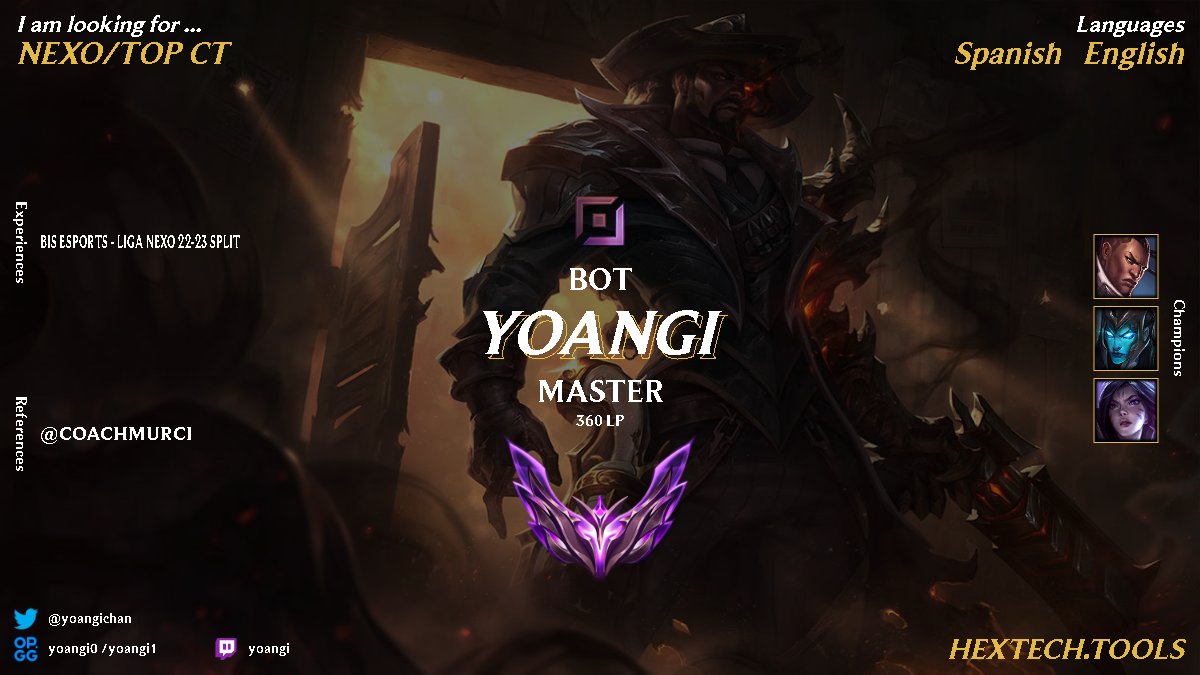 Sigo vinculado con <a href="/BisEsports/">Bis Esports</a>, pero me han permitido escuchar ofertas, principalmente interesado en nexo o top CT.
Cualquier duda o pregunta tengo DM abierto tanto en twitter como discord.
Yoangi#4626