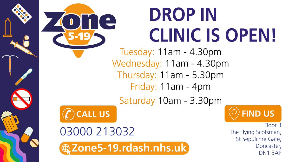 Did you know we offer a drop in clinic in the city centre dedicated to the young people of Doncaster!
We have health professionals on hand to give advice around contraception, sexual health &amp; much more!
No appointment is needed and we’re even open on Saturdays too!!