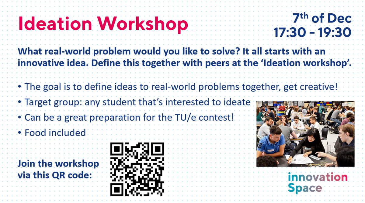 What real-world problem would you like to solve? It all starts with an innovative idea. 

This workshop takes place on the 7th of December from 17:30 to 19:30 in Innovation Space, and food is included! 

#workshop #tueindhoven #ideation #innovationspace