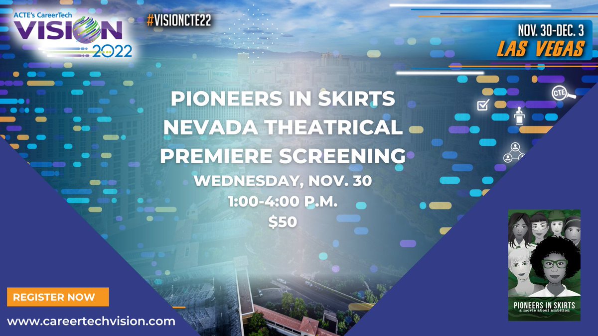 Filmmaker Meet & Greet! For attendees looking to improve upon the gender makeup of CTE programs, watch Pioneers in Skirts to see how it can be a powerful, instructional, and motivational tool in the classroom. @pioneersnskirts

Learn more and register careertechvision.com/2022/tours_wor…