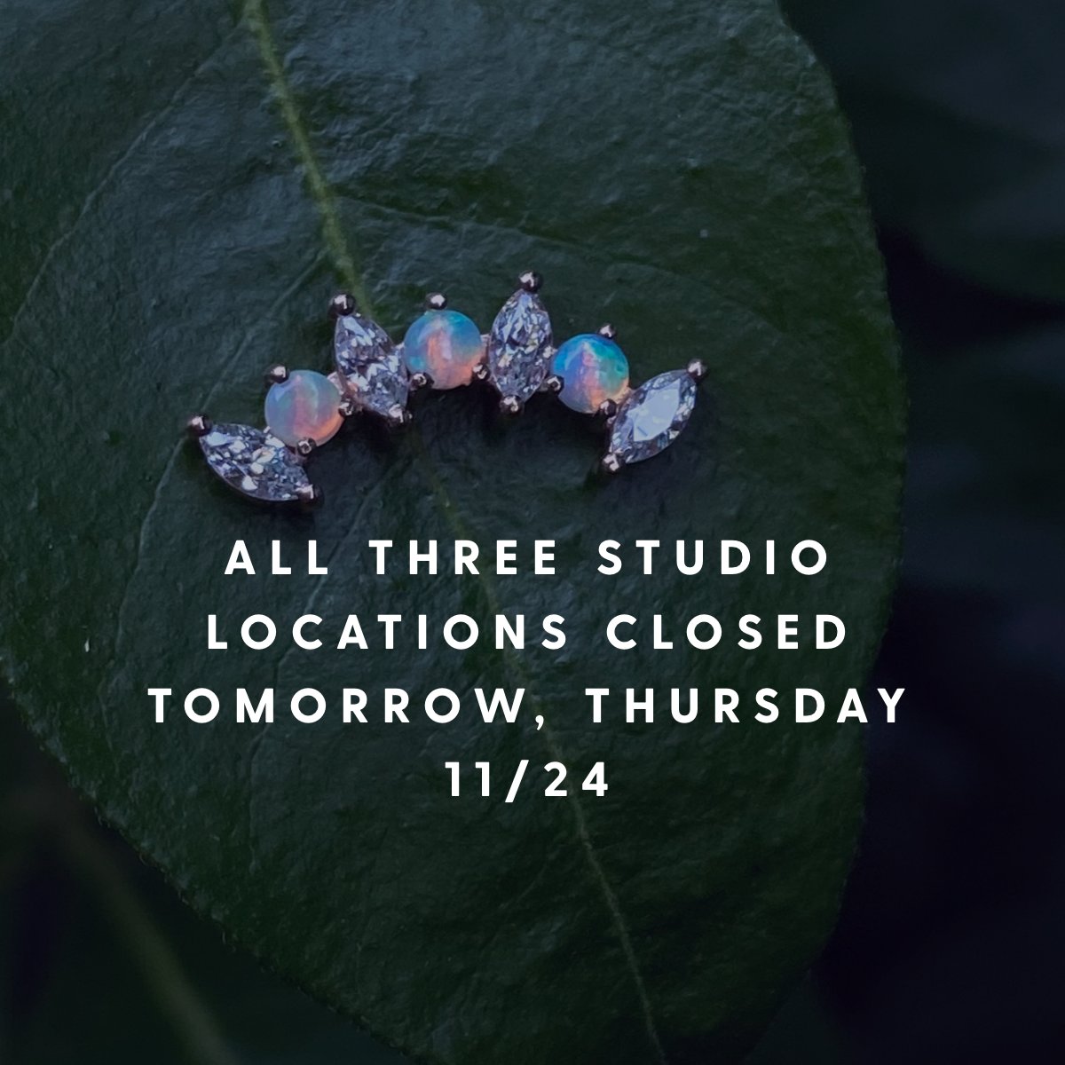 adornbodyart's tweet photo. Attention friends! All three studio locations will be closed tomorrow, Thursday the 24th so that our Adorn crew can spent time with their families and loved ones💖

We will be back to business on Friday! https://t.co/GtnY1r9Vdi