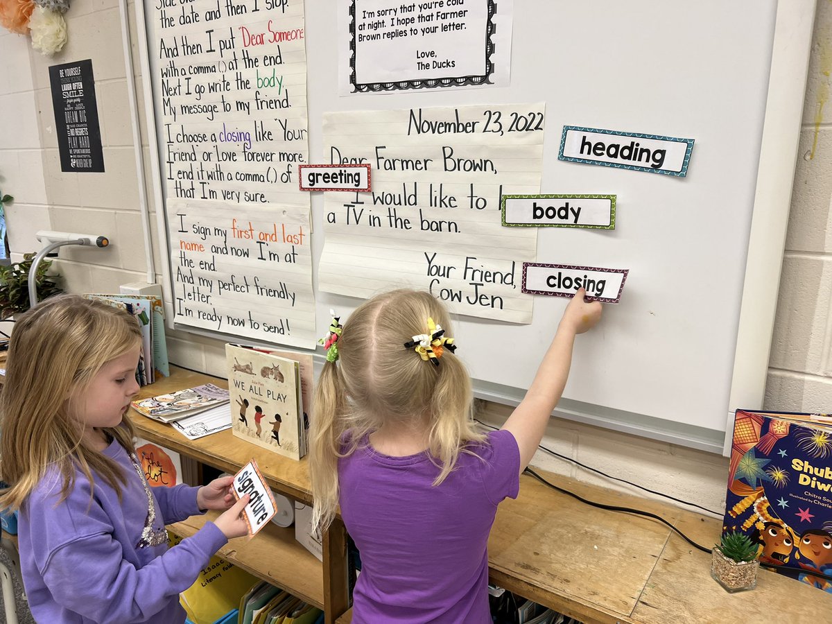 selby_grade1's tweet photo. We started our Friendly Letter writing today! Starting with reading the 📕 Click, Clack, Moo, Cows That Type! We discussed what parts make up a letter while singing “The Friendly Letter Song” 🎶 https://t.co/kTnLek2Cll