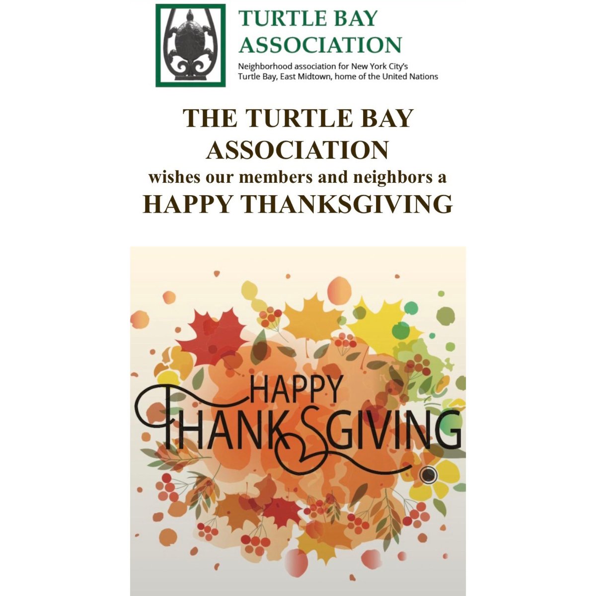 TurtleBayAssoc's tweet photo. Happy Thanksgiving from your friends at The Turtle Bay Association! 

All the best to you and yours. https://t.co/HRtu0hx880