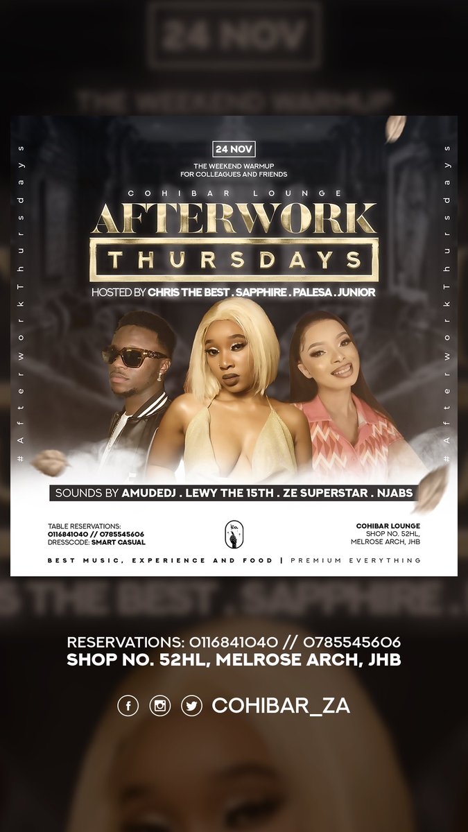 cohibar_za's tweet photo. This Thurday catch us @cohibar_za for your after work session with your host and local DJs . https://t.co/tmfDcGmeL4