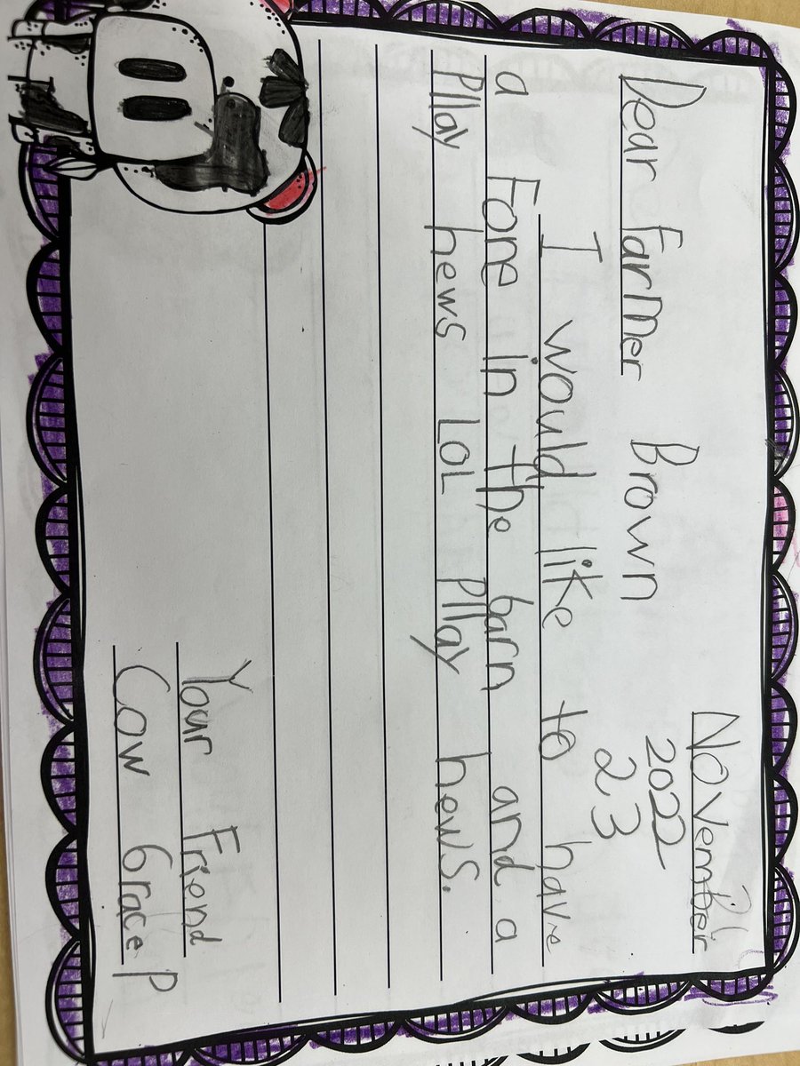 selby_grade1's tweet photo. Then we had some fun writing our own letters to Farmer Brown making with some requests. We had a good laugh signing our names as a cow 🐮 https://t.co/5fDepE3OmZ