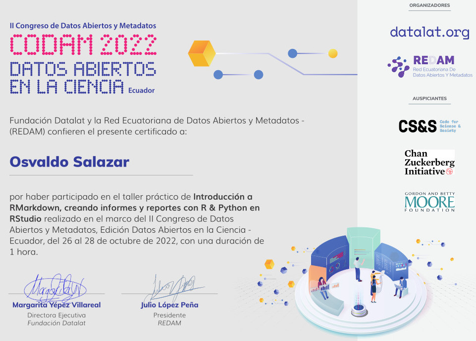 Osvaldo_Salazar's tweet photo. Gracias a @datalat por los certificados de asistencia al II Congreso Nacional de #DatosAbiertos y Metadatos de #Ecuador, Edición Datos Abiertos en la #Ciencia así como de los talleres "RMarkdown, R y #Python" y "Datawrapper: Configuración y Despliegue de Datos"
#RStats #CODAM2022 https://t.co/2JLnQIiTe5