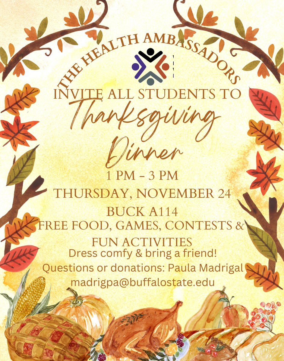 buffalostate's tweet photo. Can't make it home for the holidays? @BSCHealthPromo invites you to an on-campus Thanksgiving dinner! Come by Buckham Hall tomorrow for food, games, and community as we celebrate the things we're grateful for this year 🧡 https://t.co/PbW8wZVvJX