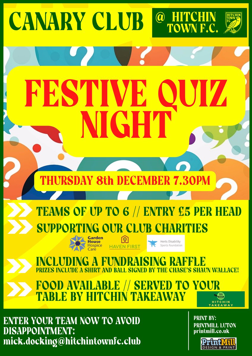 Hitchin Town FC (@hitchintownfc) on Twitter photo IT’S BACK!
The next <a href="/HitchinTownFC/">Hitchin Town FC</a> quiz night is on the 8th December.
Enter your team now by emailing mick.docking@hitchintownfc.club IT’S BACK!
The next <a href="/HitchinTownFC/">Hitchin Town FC</a> quiz night is on the 8th December.
Enter your team now by emailing mick.docking@hitchintownfc.club