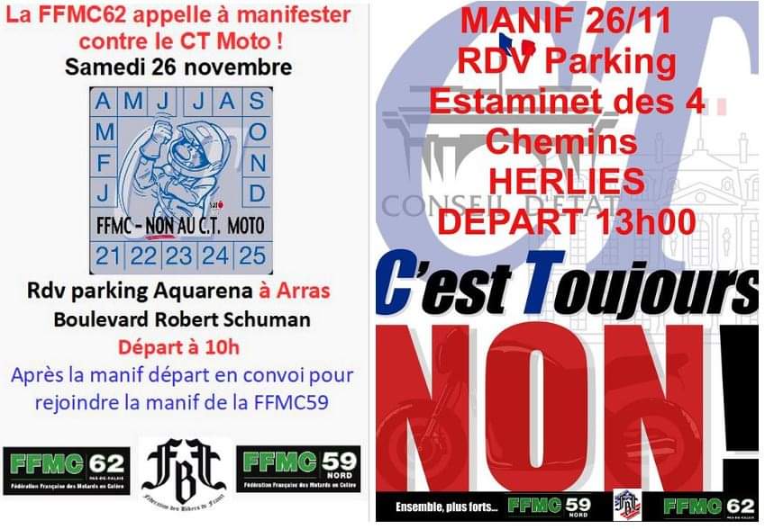 FFMC62's tweet image. Deux manifs deux fédés un mot d ordre Non au CT moto !