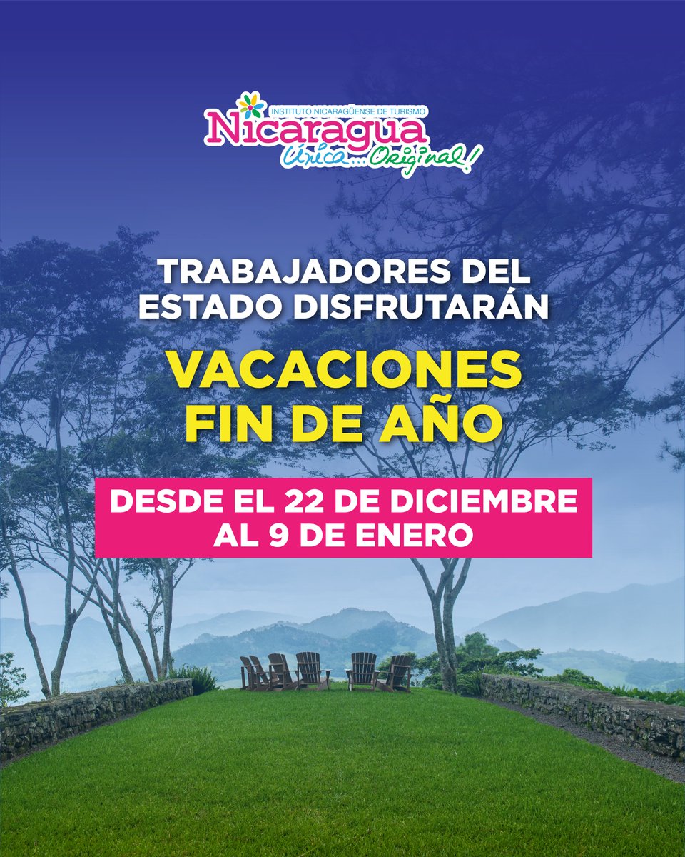 El 22 de diciembre será el último día de trabajo de los servidores públicos, nos reintegramos a nuestras labores el 9 de enero 👏

Disfrutemos estas vacaciones de fin de año para descubrir en familia cada rinconcito de tierra que no hemos explorado en nuestra #Nicaragua 🤩🎄🎅