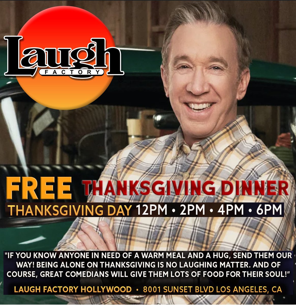 The Laugh Factory Hollywood invites you to join them for a free Thanksgiving dinner. <a href="/TheLaughFactory/">Laugh Factory</a>  #Thanksgiving