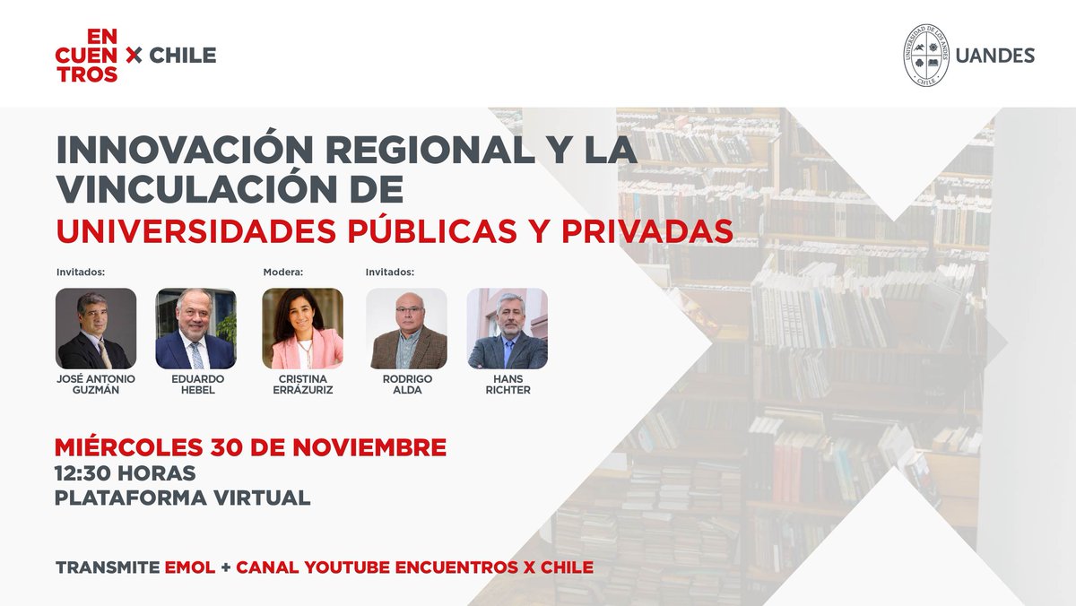 EncuentrosxCL's tweet photo. En #EncuentrosxChile nuestros expertos dialogarán sobre cómo las alianzas entre universidades privadas y públicas y el desarrollo de la innovación ha impactado de forma positiva en la sociedad.
Te esperamos en nuestro canal de YouTube.
https://t.co/8kj0sXp0Gx https://t.co/fXsFpApj0M