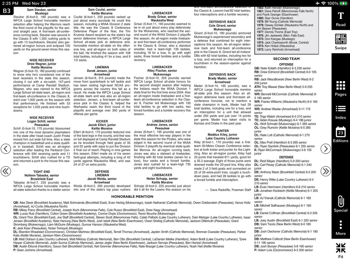 Thomas Sandvik (@mkesandvik) on Twitter photo Pewaukee Football being recognized on the ALL Freeman Football Team! <a href="/PHSPirateFB/">Pewaukee HS Football</a> <a href="/MJ_NFLDraft/">Mark Johnson</a> <a href="/PrepRedzoneWI/">Prep Redzone Wisconsin</a>
1st team Logan Schill WR, Andrew Jones LB
2nd team Ryan Sandvik OL, Josh Bunyer DB
HM Dobberstein QB, Dillemuth OL, Kiser K, Duessler DL, Servais, LB
Congrats! Pewaukee Football being recognized on the ALL Freeman Football Team! <a href="/PHSPirateFB/">Pewaukee HS Football</a> <a href="/MJ_NFLDraft/">Mark Johnson</a> <a href="/PrepRedzoneWI/">Prep Redzone Wisconsin</a>
1st team Logan Schill WR, Andrew Jones LB
2nd team Ryan Sandvik OL, Josh Bunyer DB
HM Dobberstein QB, Dillemuth OL, Kiser K, Duessler DL, Servais, LB
Congrats!