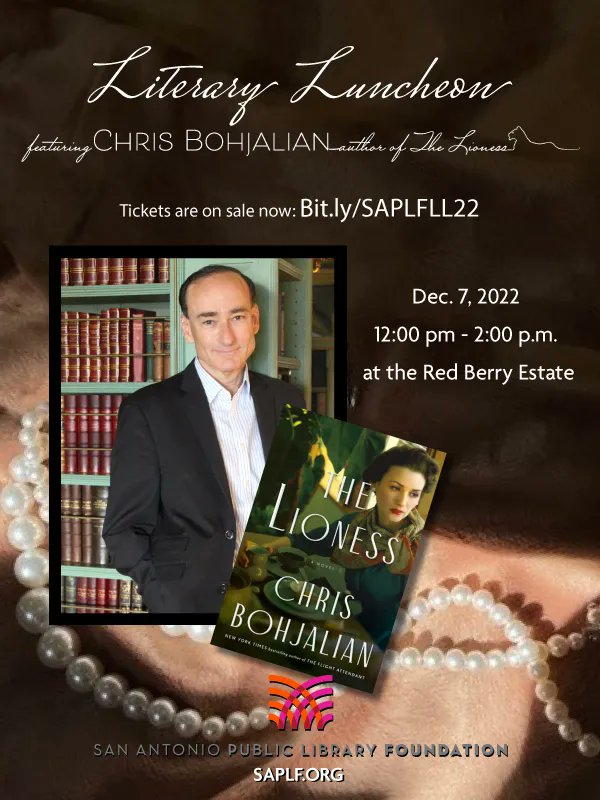 SAPubLibraryFdn's tweet photo. Don't miss out! Chris Bohjalian will make an exclusive appearance in Texas - only at our Literary Luncheon on Dec. 7 at the glamorous Red Berry Estate. Tickets are going fast - get yours now at https://t.co/5SwyZvfvvQ https://t.co/uXDMxVxeip