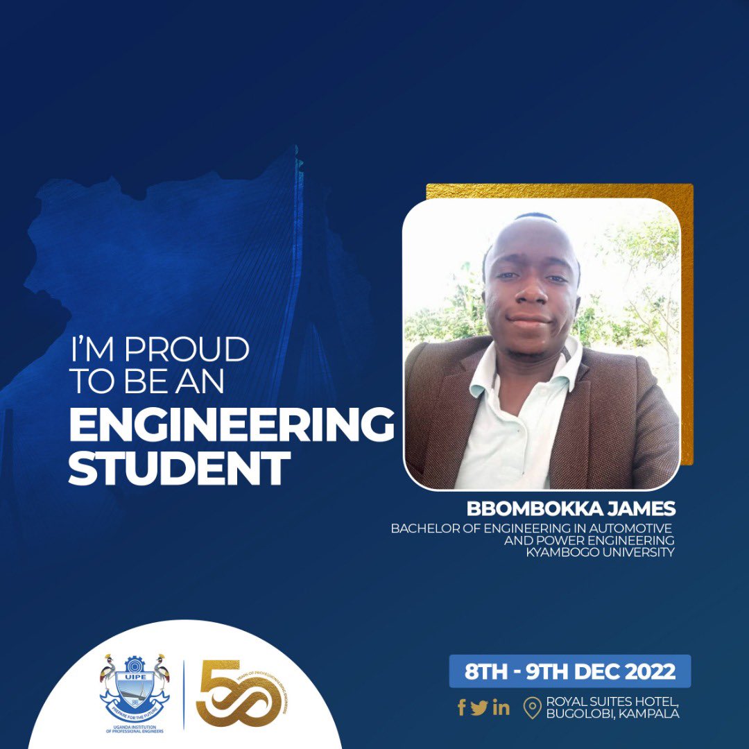 UIPE_Uganda's tweet image. Meet Bbombokka James.

He is pursuing automotive and power engineering @kyambogou 

Goodluck! 

#StudentEngineer
#UIPEat50