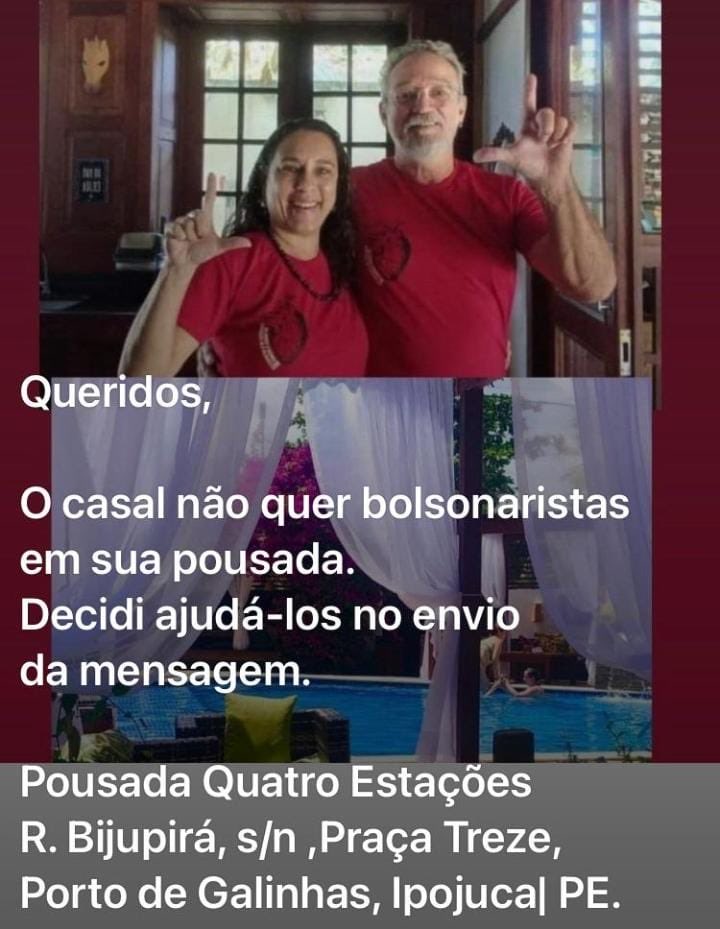 AmericaBolsona1's tweet image. O casal que fez o L, não quer que bolsonaristas se hospedem em sua pousada. Favor atender o casal