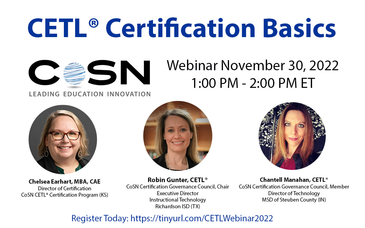 In 1 week, don't miss out on joining us for a free webinar, CETL® Certification Basics - ow.ly/EVpW50LMrVr Bring questions &amp; learn basic info about CETL® certification from our CETL® experts, Chelsea Earhart, <a href="/RobinisReading/">Robin Gunter</a>, &amp; <a href="/leadlaughlearn/">Dr. Chantell Manahan, CETL, CCRE</a> #certification <a href="/keithkrueger/">Keith Krueger</a>