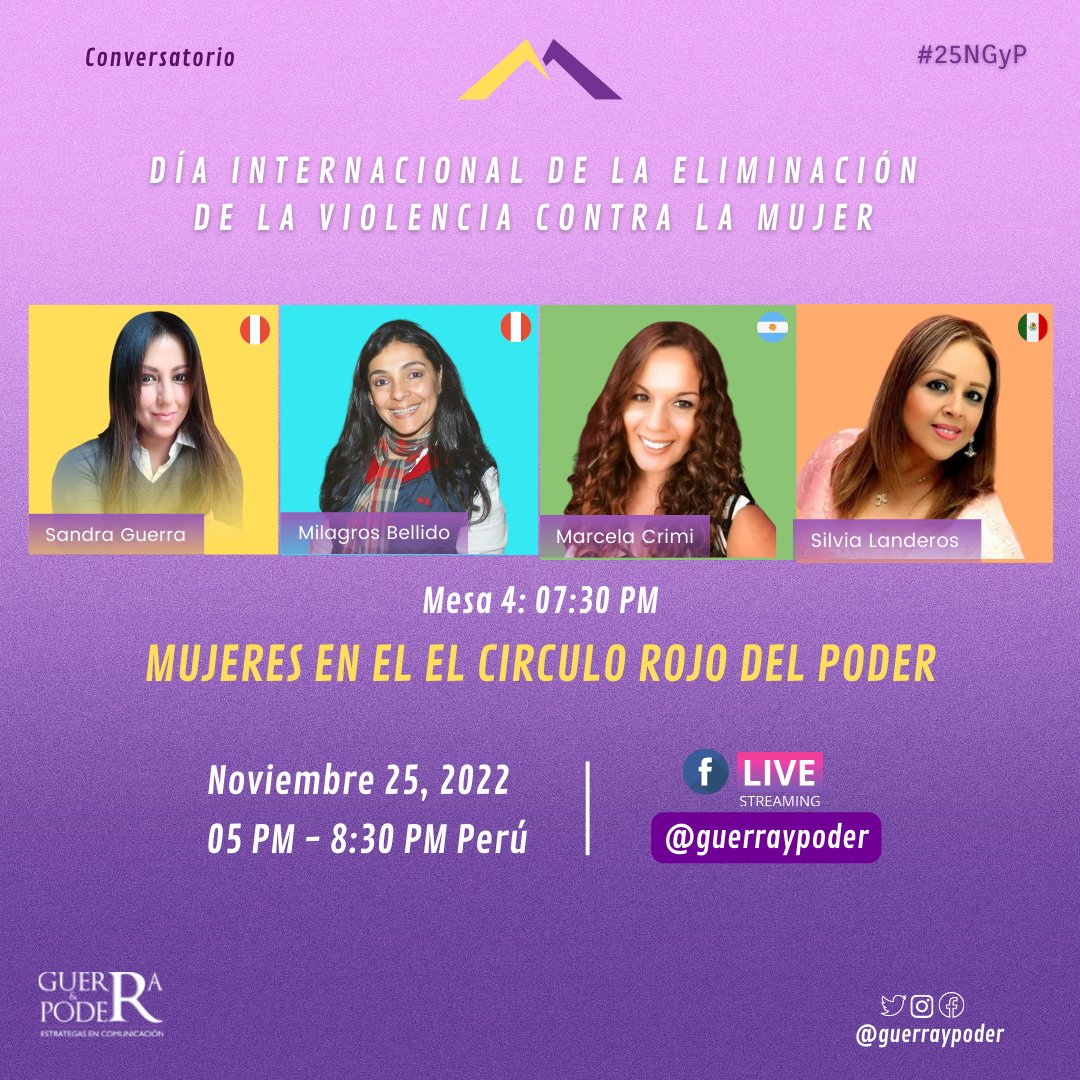 ♀️Día Internacional de la Eliminación de la Violencia contra la Mujer

📆 25 noviembre
⌚ 17 horas 🇵🇪
🔁 Sigue la transmisión por fb guerraypoder: facebook.com/guerraypoder
.
.
.
#25n #25NGyP #noalaviolenciacontralasmujeres #mujerespoliticas #ComPol #acosopolítico #gestionpublica