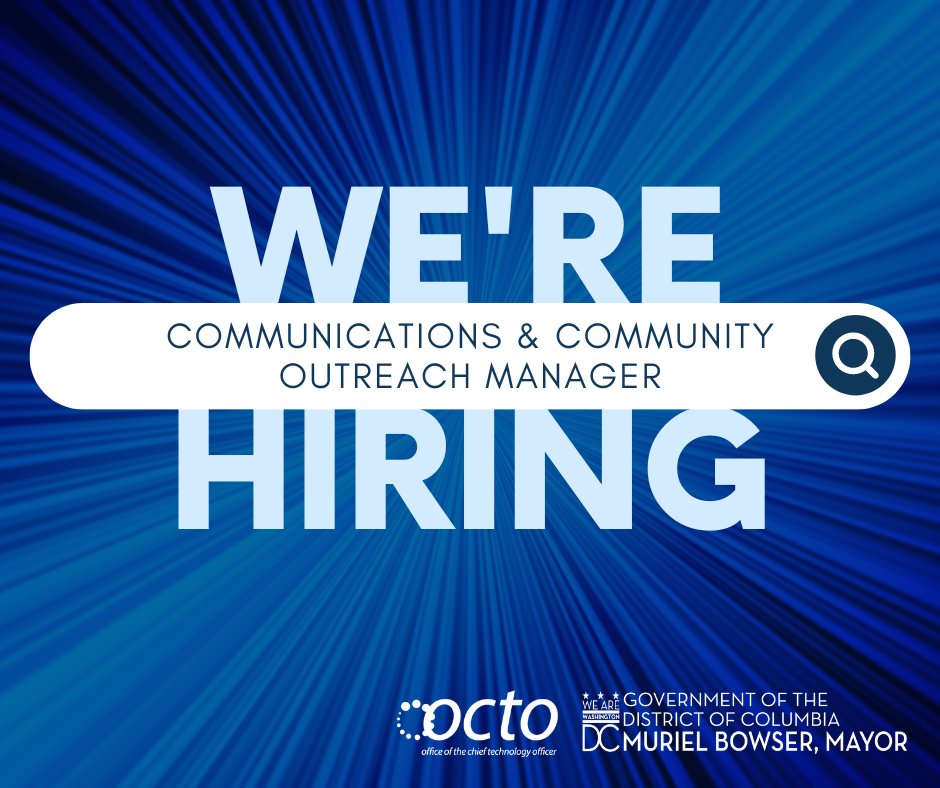 TechTogetherDC's tweet image. OCTO is hiring! Love technology? 🐙💻
Passionate about closing the digital divide?
Come join #TeamOCTO as the next Communications & Community Outreach Manager
Learn more & apply by searching for Job ID 19745 at ➡️ octo.dc.gov/jobs
Application closes Thurs., Dec 1