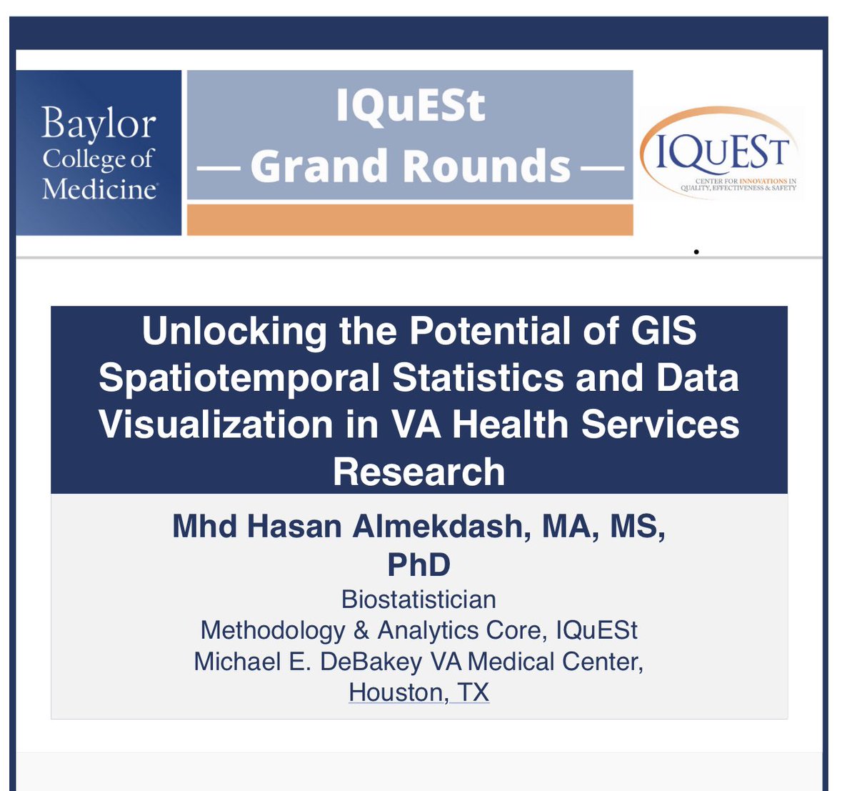 halmekdash's tweet photo. My faculty talk is coming soon. Greatly proud serving our veterans at IQUEST through research and science. Greatly excited for joining the faculty ranks of one of the most prestigious and impactful colleges of medicine in the world, Baylor College of Medicine. https://t.co/Ej4qq8SJiZ