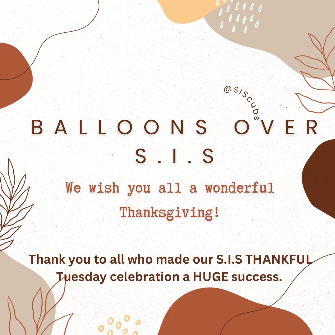 ses_cubs's tweet photo. We had the Best Day on THANKFUL Tuesday celebrating with the Balloons over S.I.S parade! Our awesome PTO also treated our teachers &amp; staff with a yummy breakfast! We are so thankful for our small community. We wish you all a wonderful Thanksgiving! #SISFamily #fullhearts 💜🐻 https://t.co/gUK3Ahfu1N