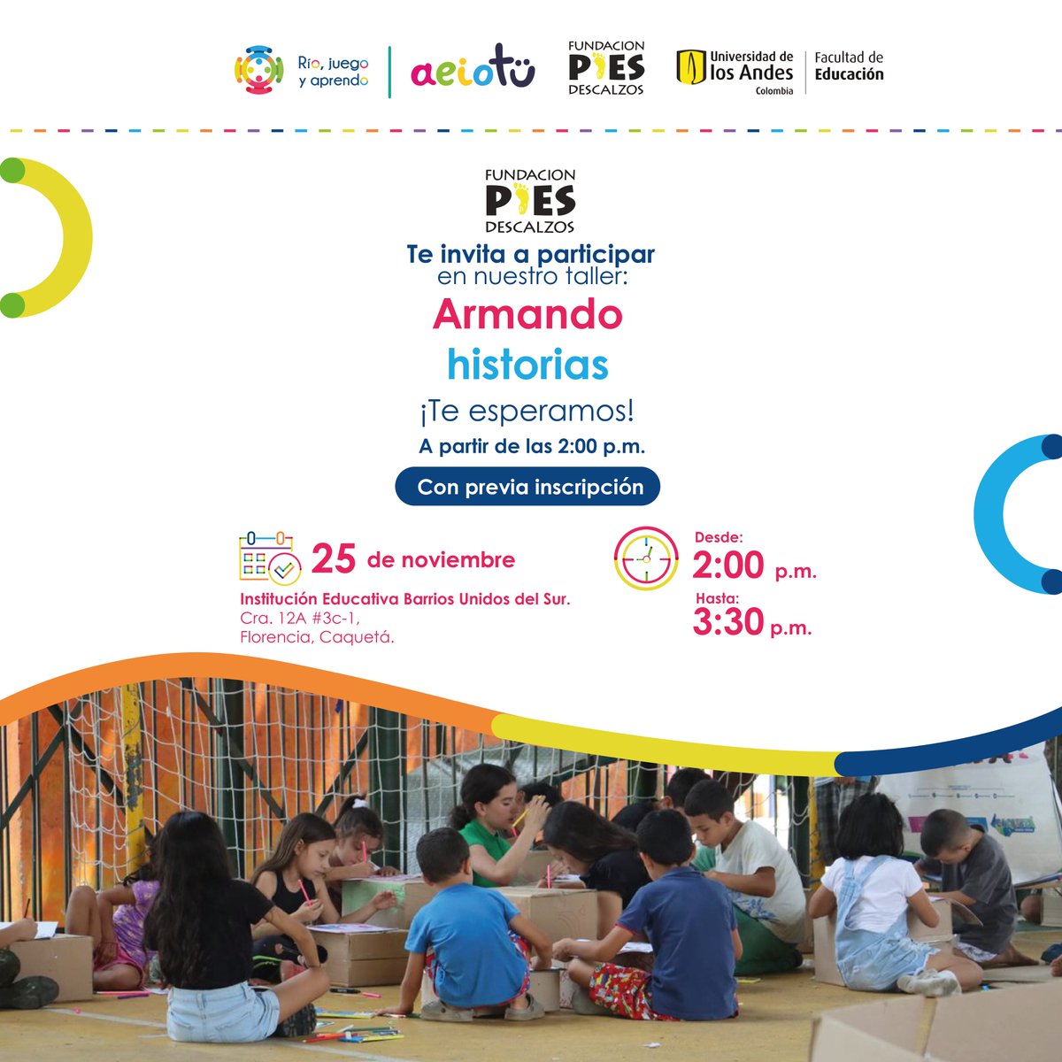 #Caquetá #Florencia ¡No lo olviden! El viernes realizaremos el taller Armando Historias para quienes se encuentren en el territorio y quieran participar, en el marco del #evento de <a href="/Riojuegoaprendo/">Ríojuegoyaprendo</a>, 365 días de transformación sistémica. Inscríbete aquí: bit.ly/3i1nW7L