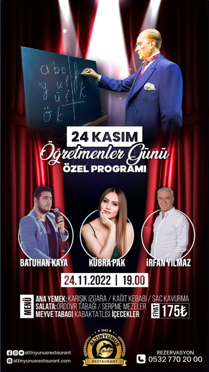 AltinYunusDS's tweet photo. ALTINYUNUS RESTAURANT MALATYA
Öğretmenlerimizin her günü kutlu mutlu olsun

#öğretmenlergünü #24KasımOEğretmenlerGuenue
#BasOEğretmen
#atatürk
#malatya https://t.co/EAHdySA7jU