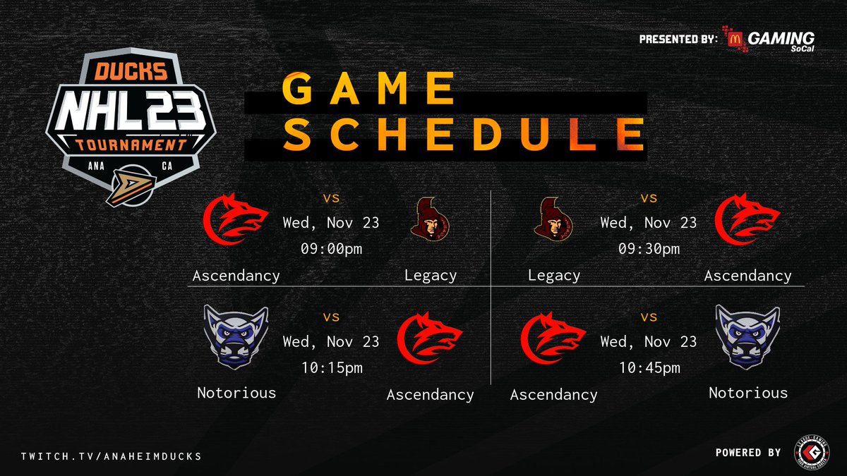 Ascendancy (@ascendancynhl_) on Twitter photo The boys will go against Legacy & Notorious and try to hold onto their playoff spot.
<a href="/NHLDucksGaming/">Anaheim Ducks Gaming</a> x <a href="/leaguegaming/">Leaguegaming</a> The boys will go against Legacy & Notorious and try to hold onto their playoff spot.
<a href="/NHLDucksGaming/">Anaheim Ducks Gaming</a> x <a href="/leaguegaming/">Leaguegaming</a>