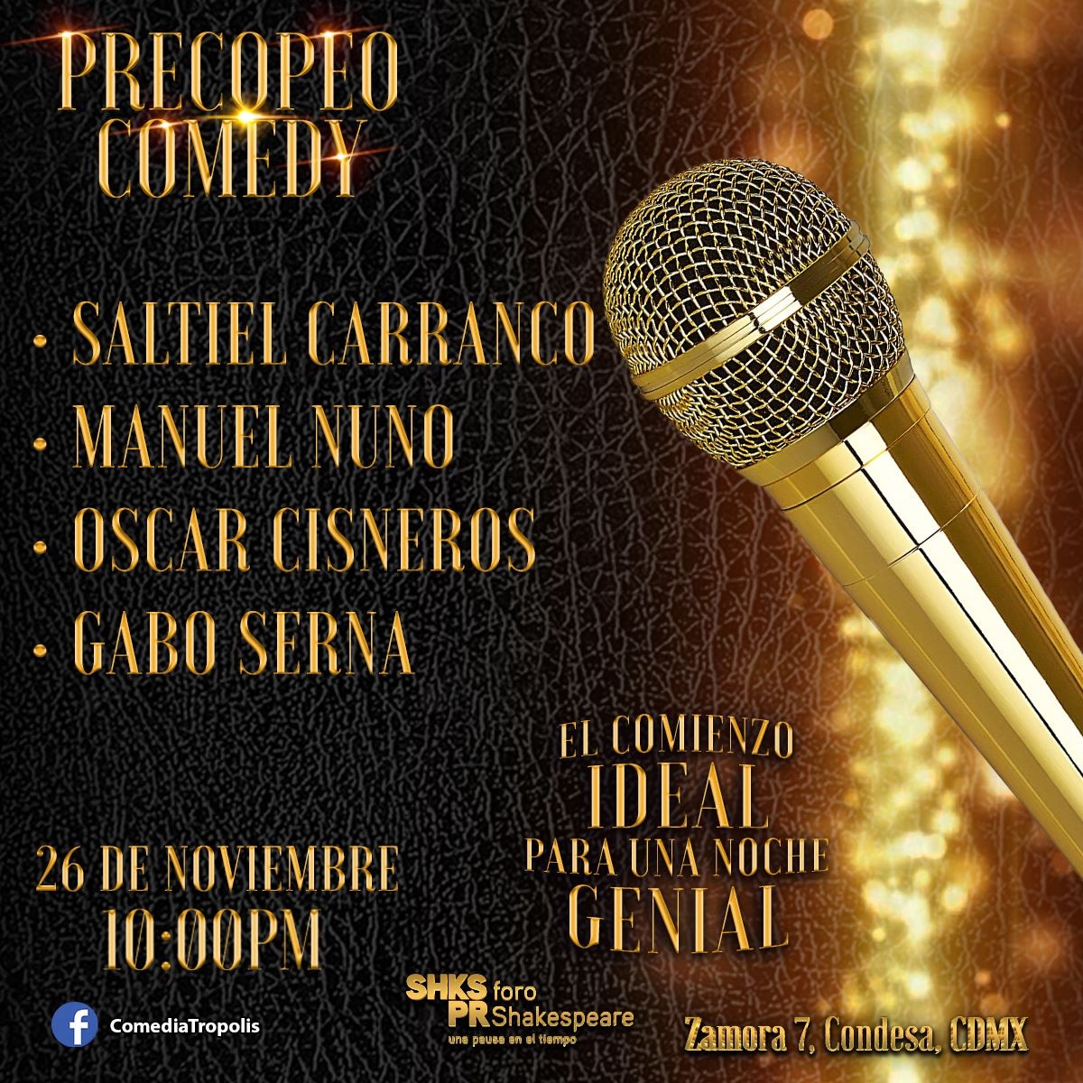 PrecopeoComedy's tweet image. Para este sábado les tenemos preparado un showzaso en LaBamba.lina de @ForoShakespeare que no se pueden perder. Será un cocktail de risas con ingredientes variaditos y graciosos.

Vayan comprando sus boletos para que no se lo pierdan. 
😉🍸😂

boletos.shakespeareycia.com/eventperforman…