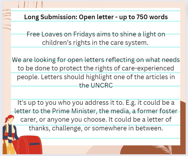 If you're care-experienced & would like to write for #FreeLoavesonFridays, you can take part in 1 of 2 ways ⬇️

No writing experience is needed. All #CEP voices are welcome

See our submission guide for more info, including safeguarding/finding support: s3.eu-west-1.amazonaws.com/media.unbound.…