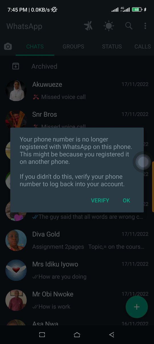 #FouadMODS
My WhatsApp is showing me that my phone number is no longer registered on WhatsApp on this phone, that I should verify and when I do that it logs me out