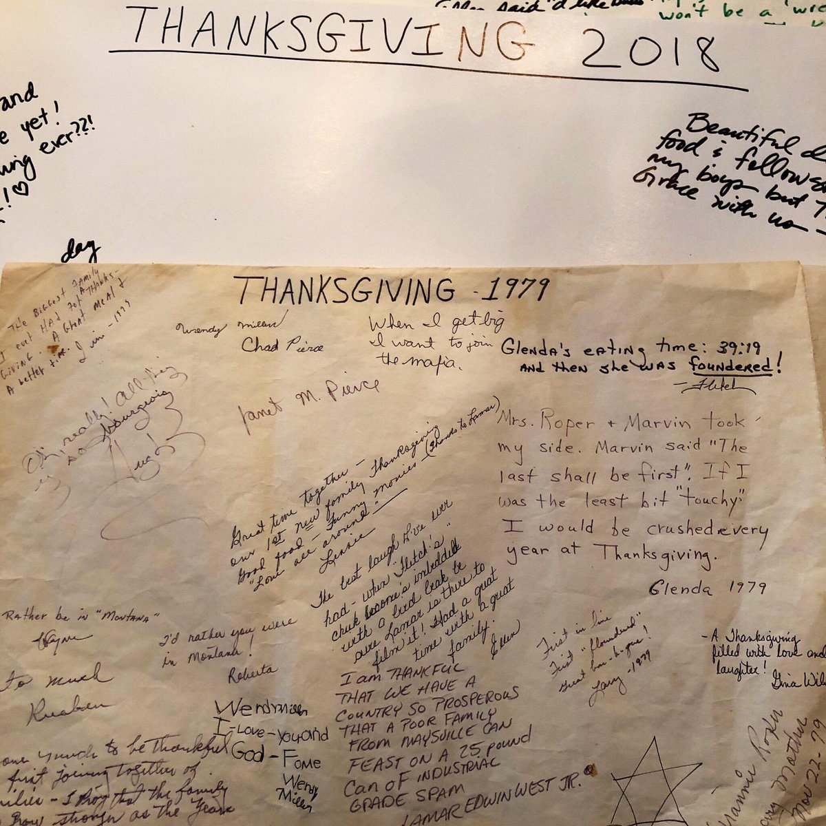 JMichaelBrewer's tweet photo. Our family #Thanksgiving tradition is to write a memory of the day’s gathering on a large poster board-a shared joke or a funny comment-then bring them all out and enjoy them each year. We have one for every year since 1979. Many of these people are gone now but never forgotten. https://t.co/pJGRBP0owJ