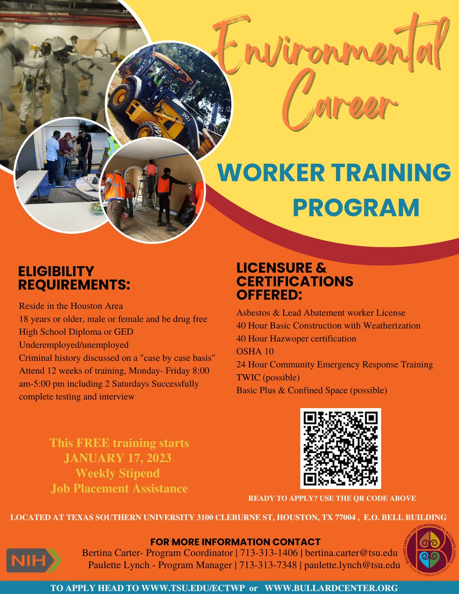 BullardCenter's tweet photo. We provide a weekly stipend to all of our students in our program. Classes start January 17th. Sign up using the link in our bio. #ECTWP #thebullardcenter #texassouthern #tsu #environment #environmentalcareers #BCECJ https://t.co/XLQ7630pEK