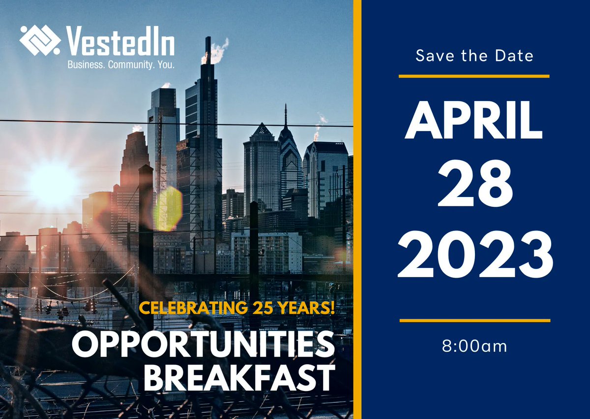 VestedIn_org's tweet photo. 2023 is fast approaching. Don’t forget to mark your calendar for our annual Opportunities Breakfast!

This year we will be honoring our board chair and longtime board members. It will be an event you won’t want to miss! 

#vestedin #opportunity #breakfast #newyear #2023 https://t.co/UwOgOv5dCF