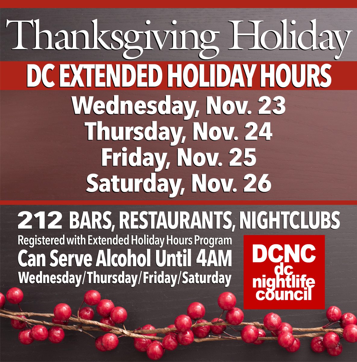 *TONITE* thru Sat.
212 DC bars, restaurants, nightclubs registered with the Extended Holiday Hours program can serve alcohol until 4AM throughout the Thanksgiving Holiday on Wednesday, Thursday, Friday, Saturday nights.

>Venues @DCGov_ABRA:
>bit.ly/3twLP9Y

#DCnightlife