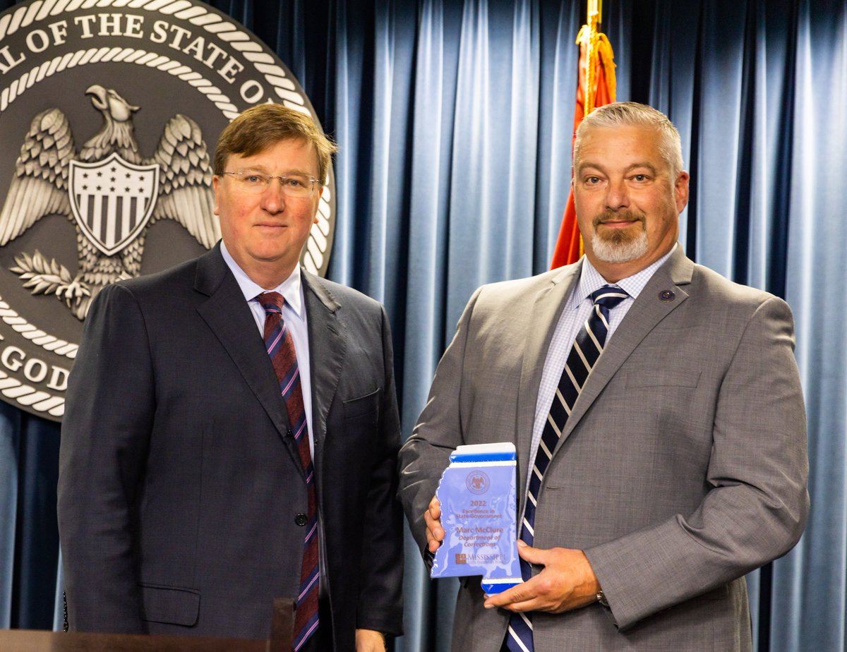 Parchman Supt. Marc McClure is one of 2 winners of the 2022 Excellence in State Government Award. Gov. Reeves on the 24-yr law enforcement veteran & West Point native: 'Over the years, Marc has dedicated himself to helping those who are incarcerated to set foot onto a new path.'