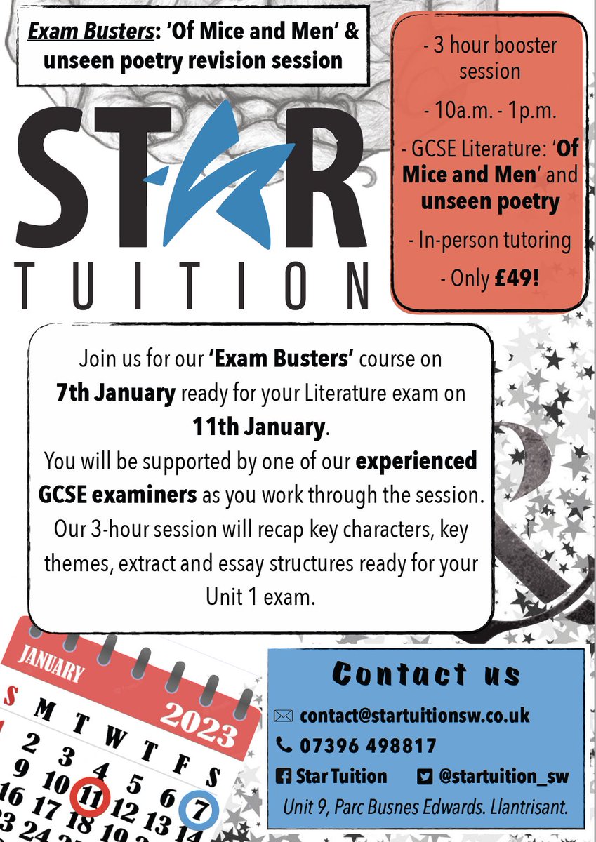 Sign up now for our January revision session ready for your 'Of Mice and Men' and unseen poetry exam! #Unit1Literature #OfMiceandMen #unseenpoetry #StarTuition #tutoring #English #revision