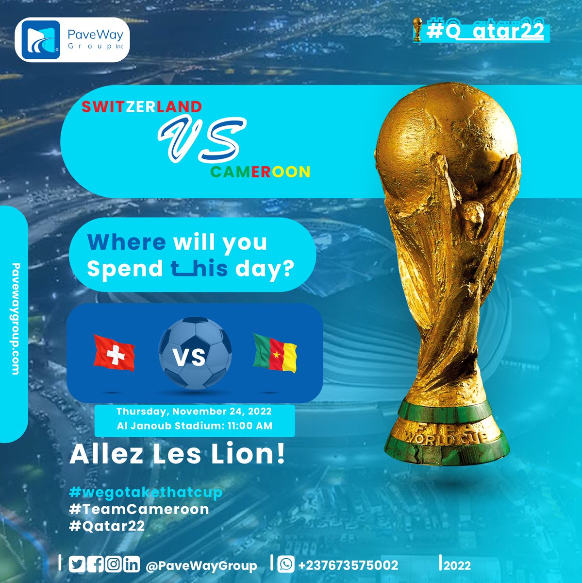PavewayGroup's tweet photo. Hey guys😊! We are counting a few hours to one of the most anticipated matches of the #fifa World Cup; Switzerland 🇨🇭 Vs Cameroon 🇨🇲 🗣! 

What are your predictions🤔? 
Let's watch to find out. 

#fifa #fifaworldcup #fifaworldcup2022 #wegotakedatcup https://t.co/kFfAEHHrnW